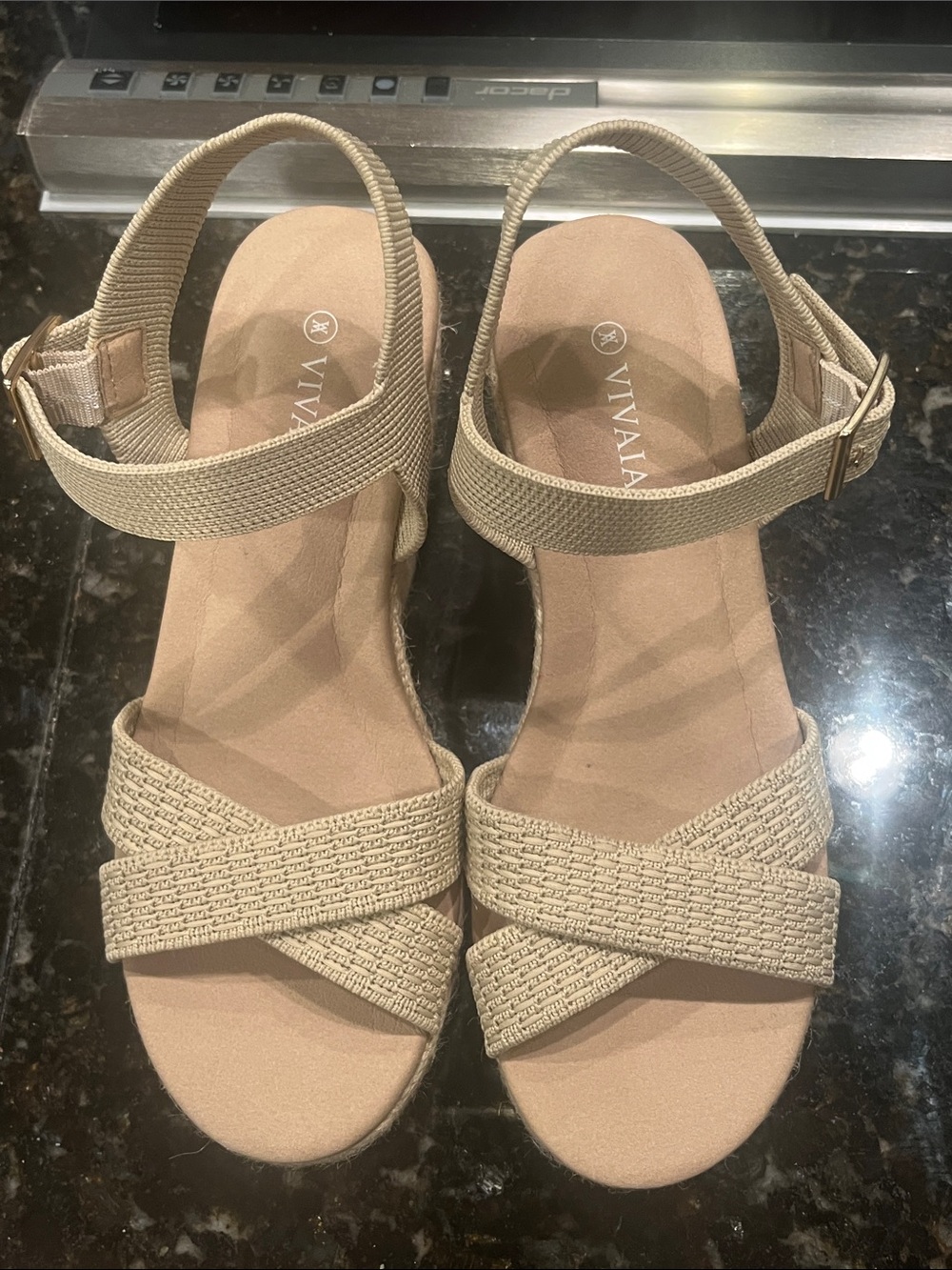 Vivaia Sally Pro Round-Toe Espradille Wedges. Almond.